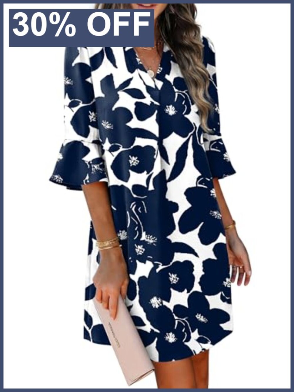 Women's V-Neck Ruffle Sleeve Loose Shift Dress with Pockets Lightweight